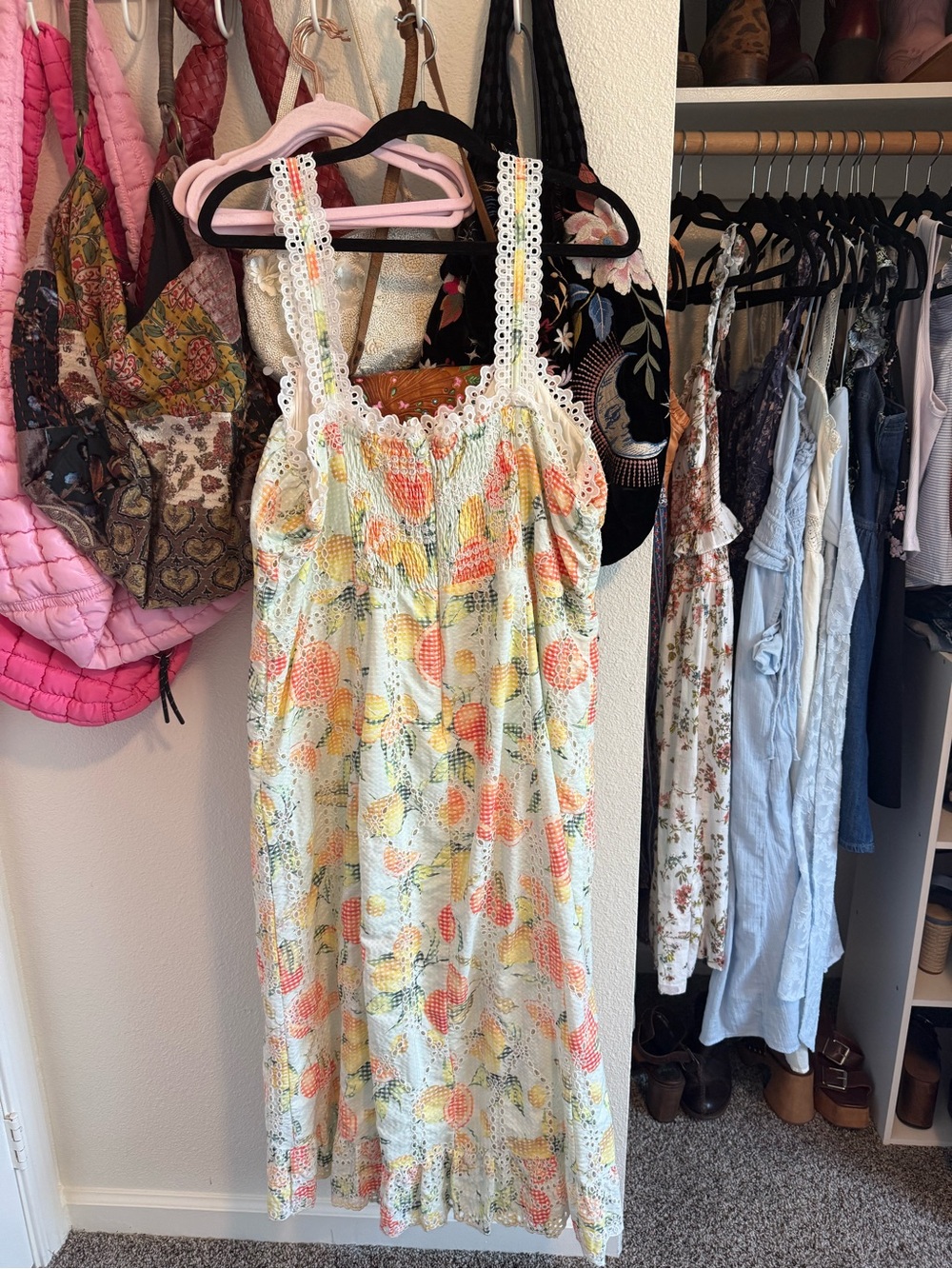 Anthropologie Floral Crochet-Trim Sundress in Cream with Peach & Yellow